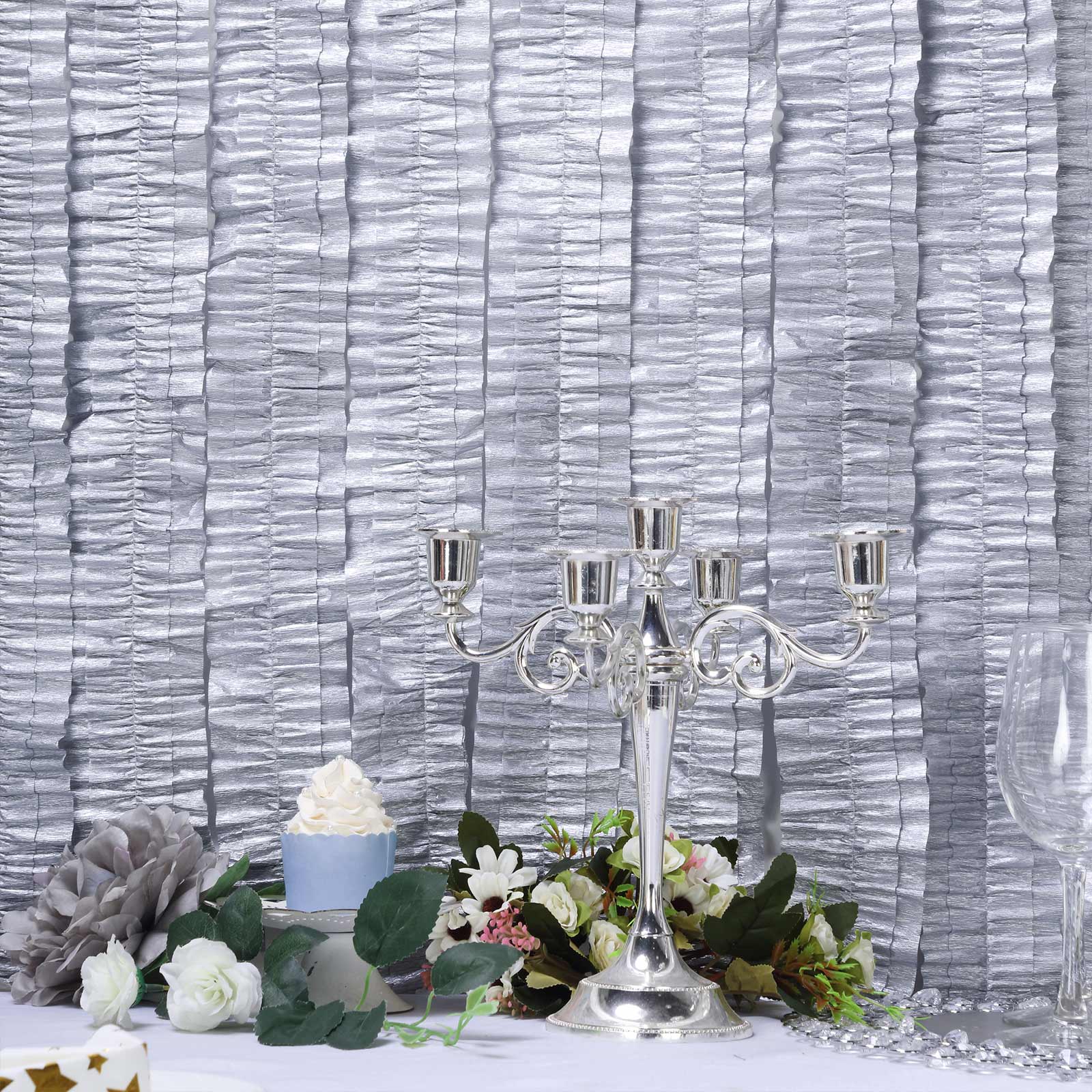 3 Rolls 28ft Silver Ruffled Tissue Paper Party Streamers, Crepe Paper Backdrop Decorations