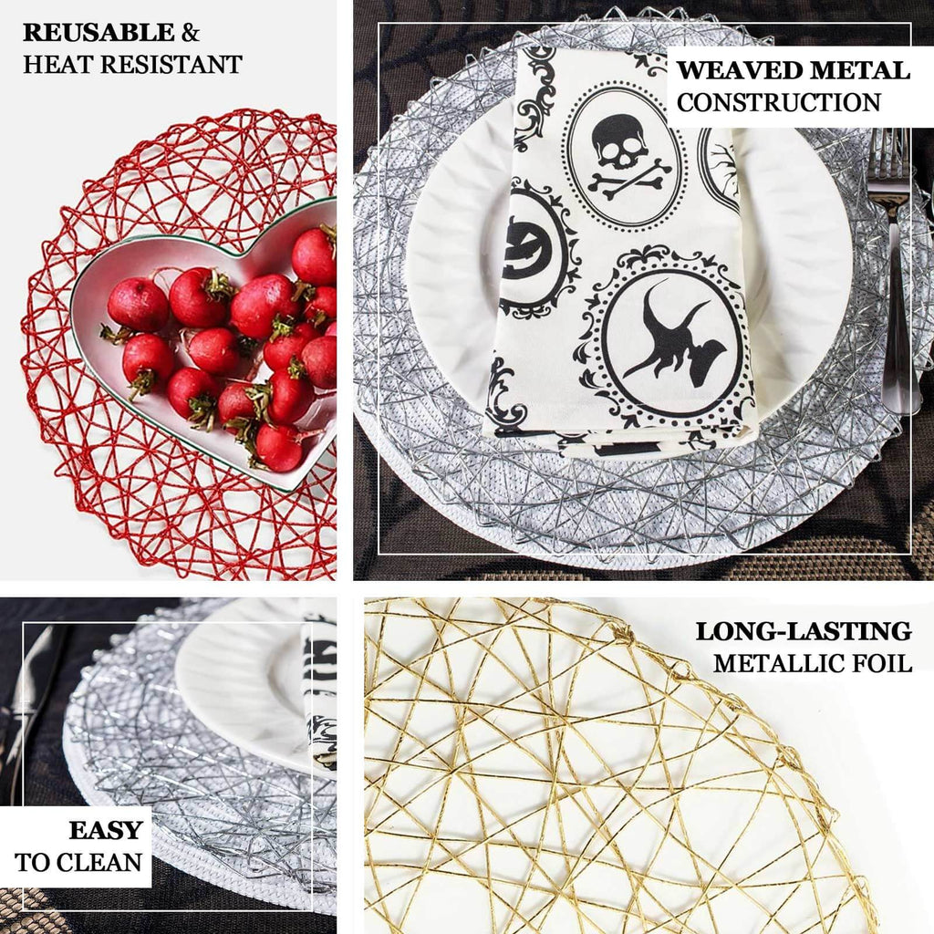 6-Pack Table Placemats Woven Fiber Design Silver Round - Disposable Mats for Dining and Events 15"