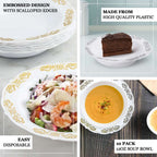 10-Pack Plastic Round Soup Bowl in White with Gold Embossed Scalloped Rim - Sturdy Disposable Salad Dessert Bowls for Catering & Events 12oz