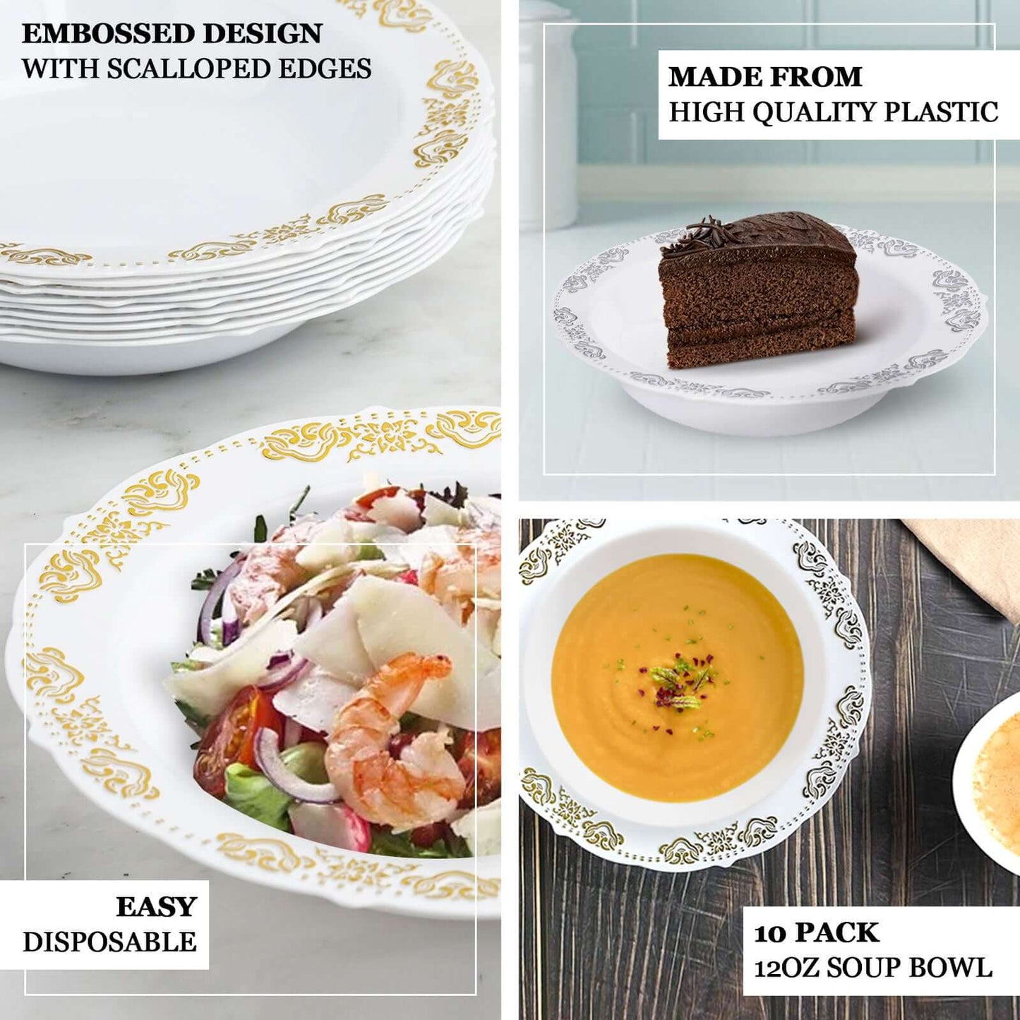 10-Pack Plastic Round Soup Bowl in White with Gold Embossed Scalloped Rim - Sturdy Disposable Salad Dessert Bowls for Catering & Events 12oz