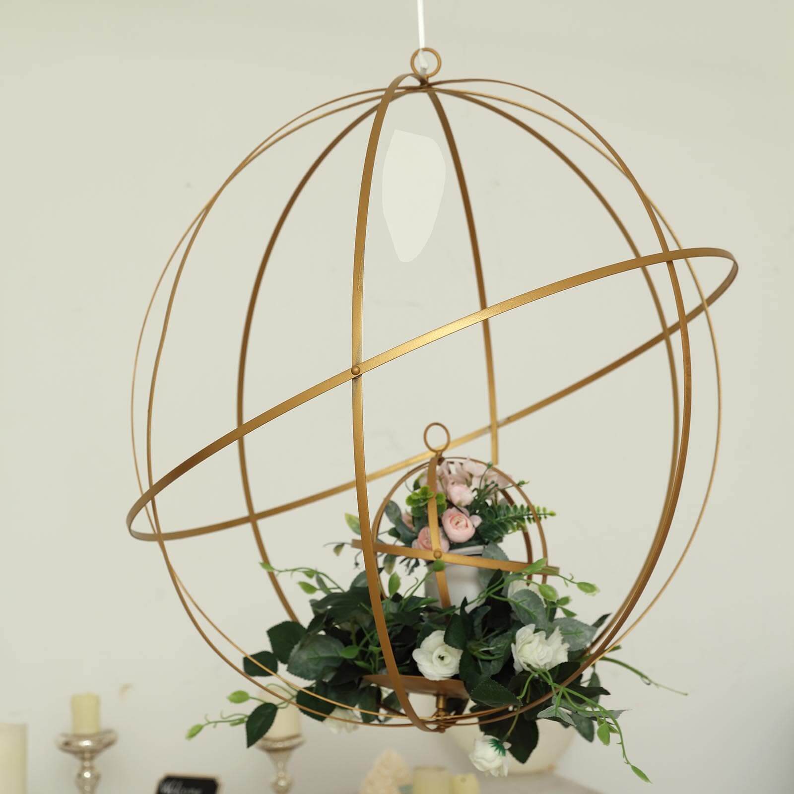 Hanging Sphere Candle Holder Gold Wrought Iron Wedding Decorative Ball - Centerpiece 18"