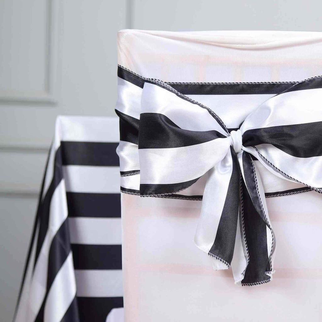 5 Pack Satin 6"x108" Chair Sashes Black/White Stripes - Sophisticated Decor for Weddings & Gatherings