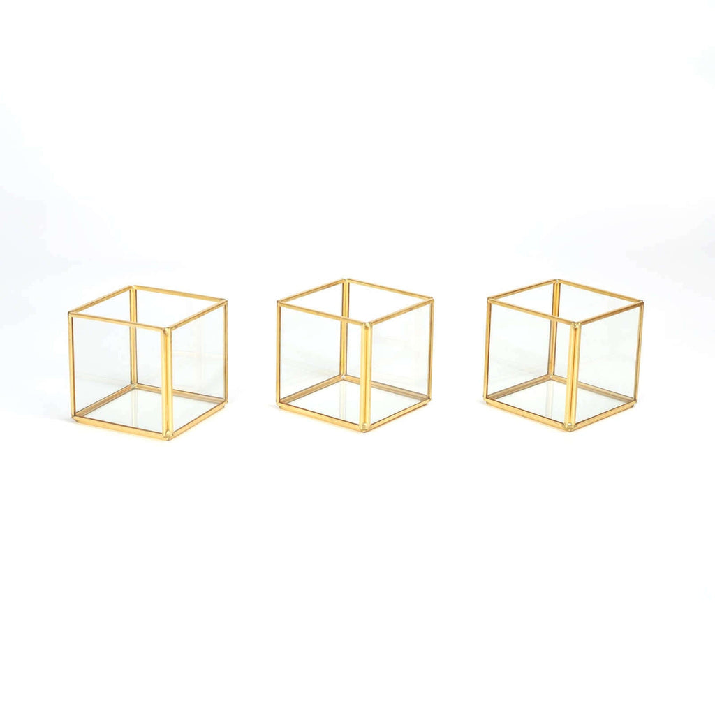 3-Pack Glass Tealight Votive Candle Holders Square Cube Design Clear with Gold Metal Frame - Stackable 3"