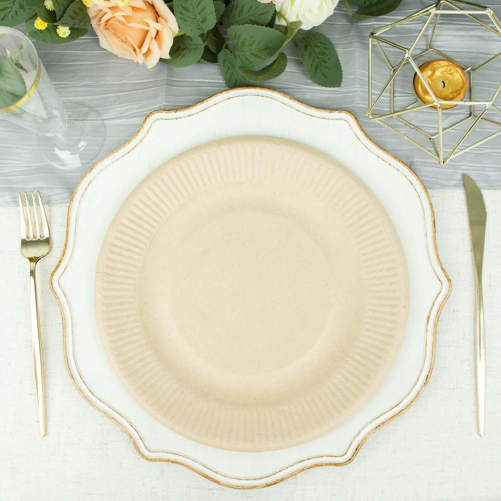 50-Pack Bagasse 10" Round Dinner Plates in Natural with Ribbed Rim - Eco Friendly Biodegradable Sugarcane Party Plates for Events