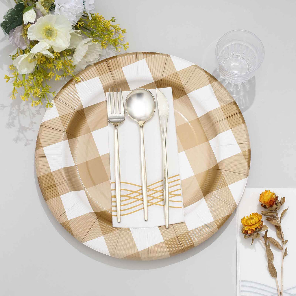 10-Pack Disposable Paper Charger Plates â€“ Gold/White Buffalo Plaid 13" Round Table Chargers, 350 GSM Cardstock