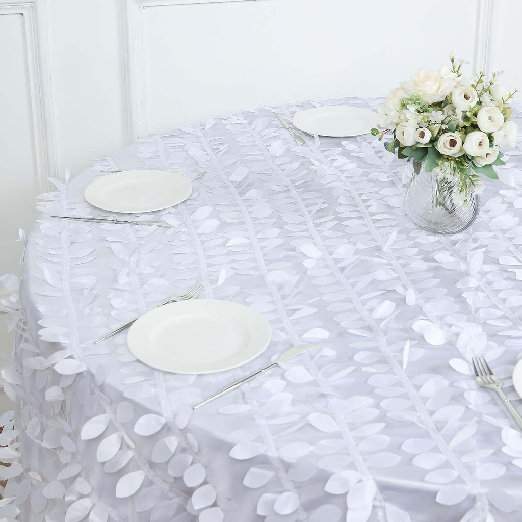 Taffeta 132" Round Tablecloth White 3D Leaf Petal Design Seamless Table Cover for Chic Wedding & Event Decor