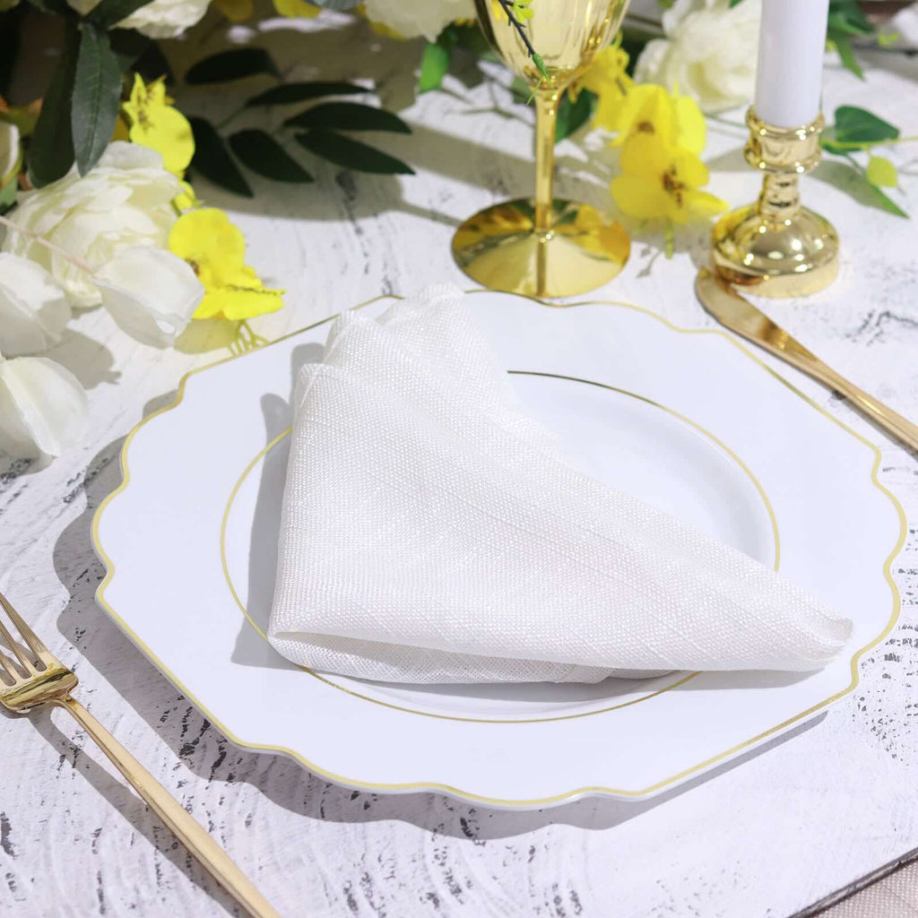 10-Pack Plastic Dinner Plates in White Baroque Design with Scalloped Gold Rim - Heavy Duty Disposable Party Plates for Events & Banquets 11"