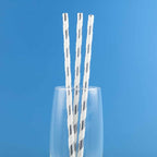 25-Pack Paper Straws White/Silver Striped - Stylish Disposable Straws for Drinks 8"