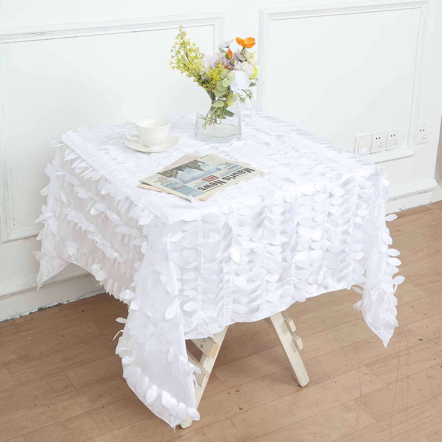 Taffeta 54"x54" Square Tablecloth White | Exquisite 3D Leaf Petal Design for Chic Wedding & Event Decor