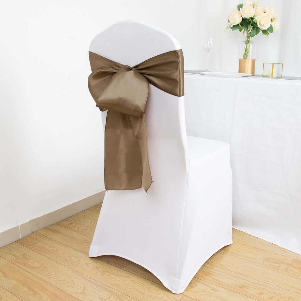 5 Pack Satin Chair Sashes Taupe - Durable Chair Bows with Shiny Finish 6"x106"