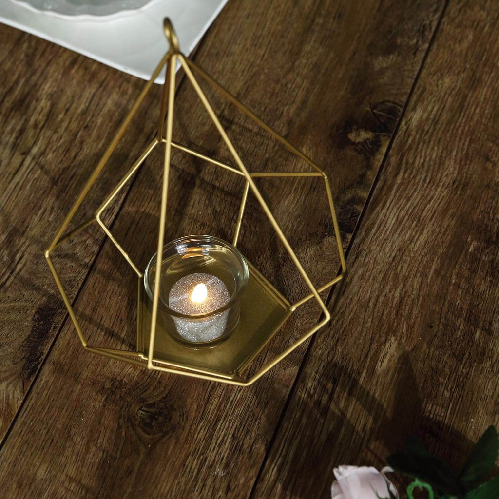 2-Pack Tealight Candle Holders Gold Metal Pentagon Geometric Open Frame - Flower Stand 9"