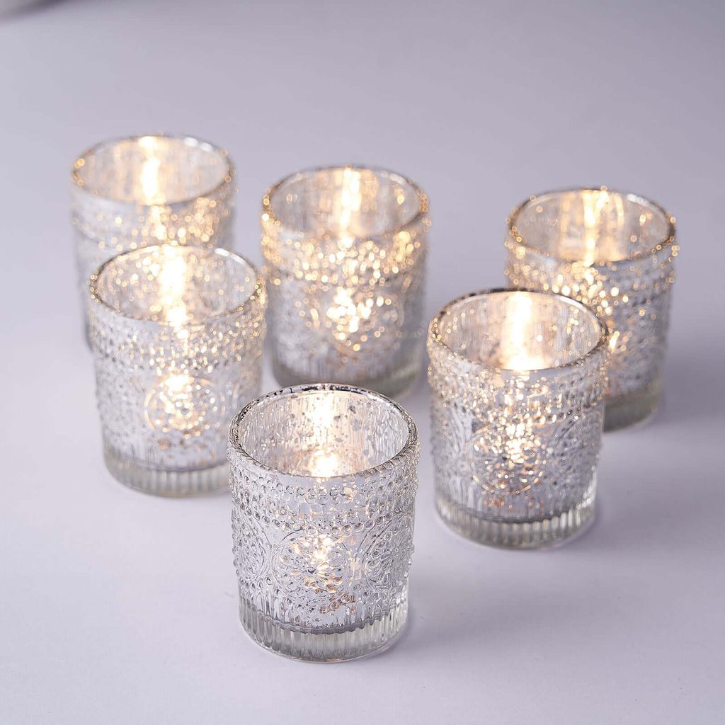 6-Pack Silver Glass Votive Tealight Holders - Stylish Primrose Design for Weddings & DÃ©cor
