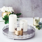 Metal Round Serving Tray 12" in Silver with Embellished Rims, Stylish Decorative Vanity Tray Centerpiece