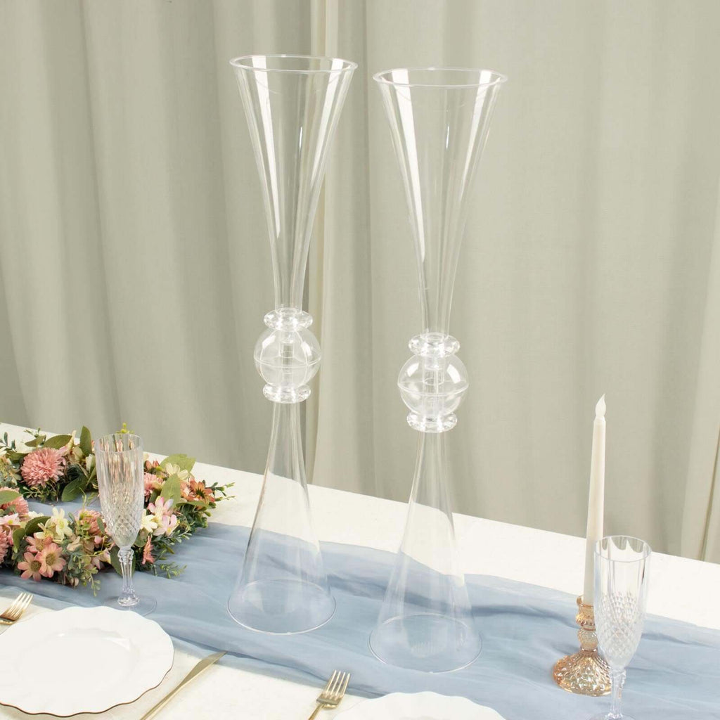 2-Pack Flower Vases Trumpet Design with Crystal Embellishments Clear - Reversible Plastic Centerpieces for Events 27"