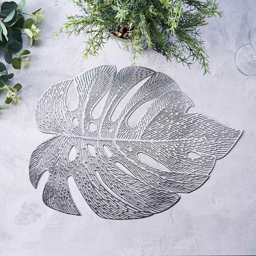 6-Pack Dining Table Mats Monstera Leaf Design Silver - Vinyl Non-Slip Surface for Tropical Themes 18"