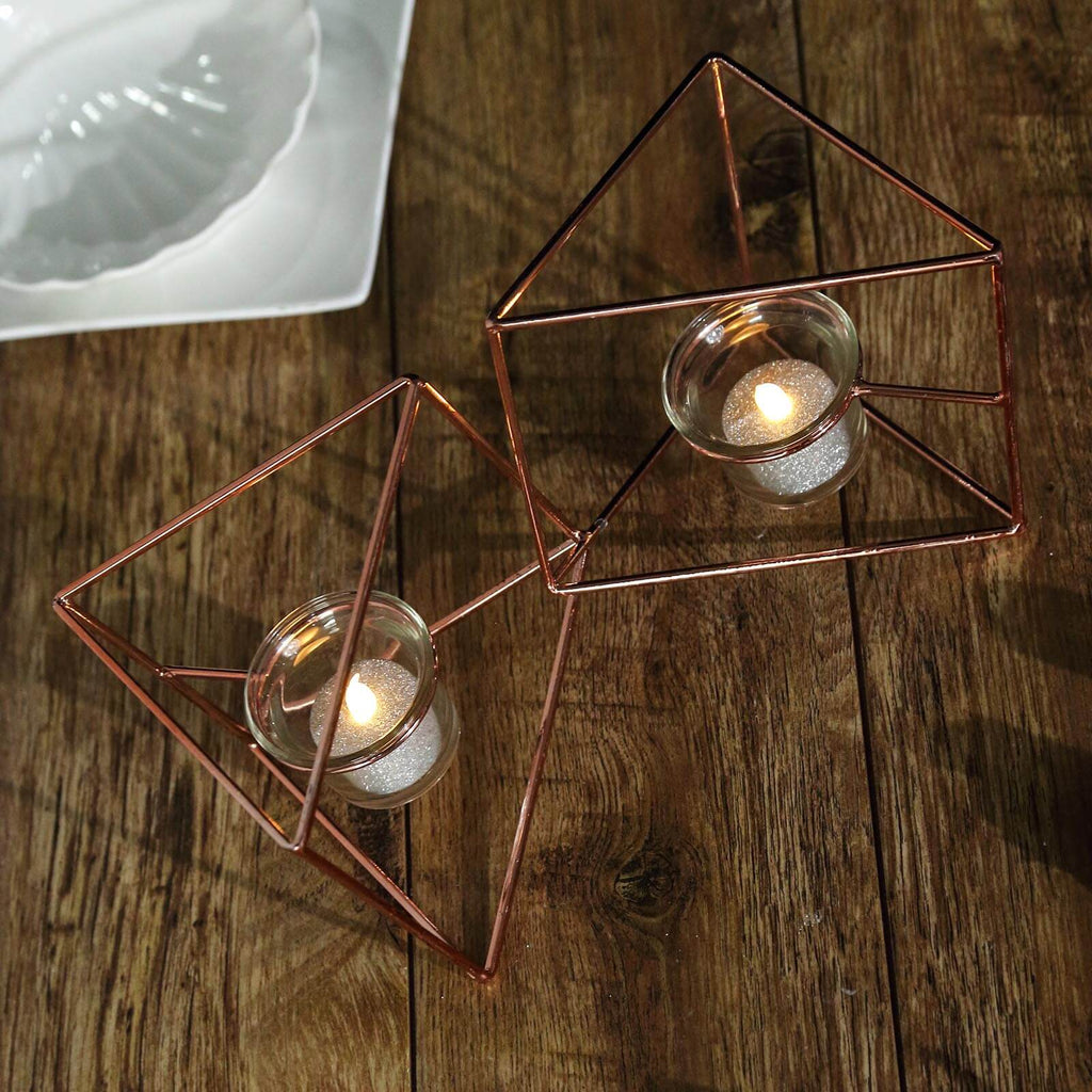 Set of Metal Candle Holders Linked Geometric Design Rose Gold - Chic Votive Glass Decor for Events & Gatherings 9"