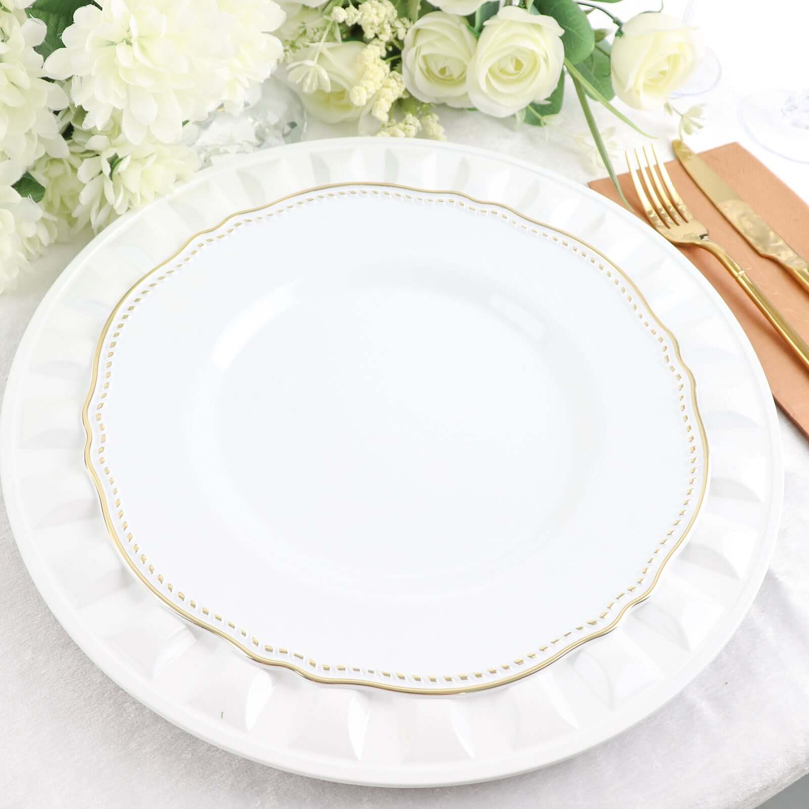 6-Pack Plastic Round Charger Plates 13" in White with Bejeweled Rim, Luxe Decorative Dinner Party Charger Tableware