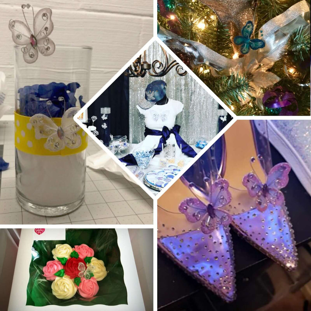 12 Pack 2" White Diamond Studded Wired Organza Butterflies