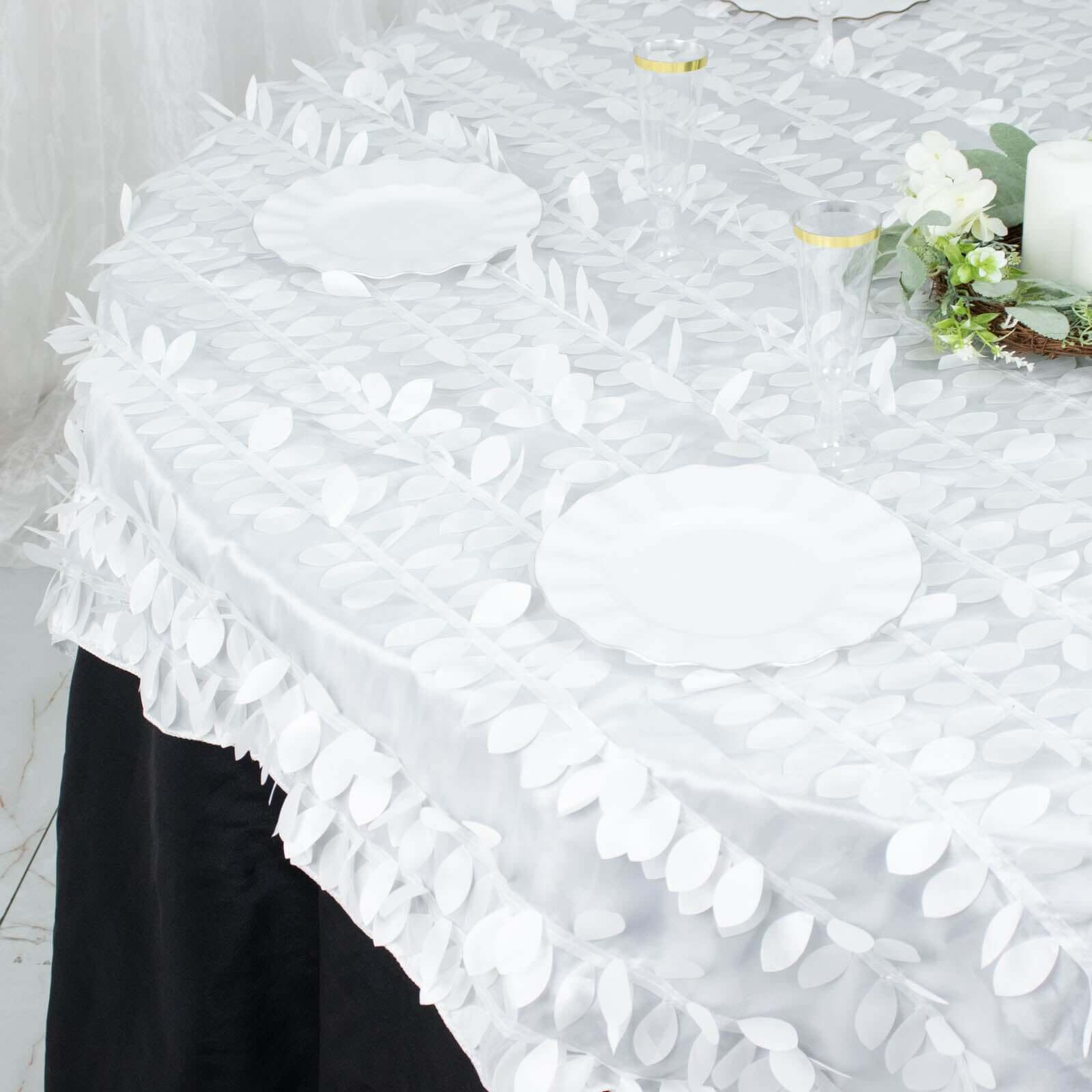 Taffeta 72"x72" Table Overlay Square Tablecloth White 3D Leaf Petal Design for Stylish Celebrations
