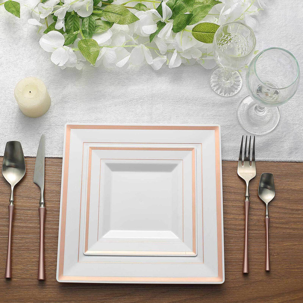 10-Pack Plastic Dinner Plates White Square with Rose Gold Trim - Lightweight Disposable Plates for Events 10"