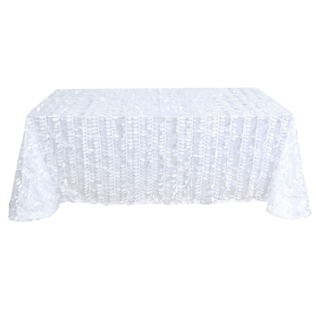 Taffeta 90"x156" Rectangle Tablecloth White | 3D Leaf Petal Design Seamless Table Cover for Stylish Wedding & Event Decor