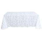 Taffeta 90"x156" Rectangle Tablecloth White | 3D Leaf Petal Design Seamless Table Cover for Stylish Wedding & Event Decor