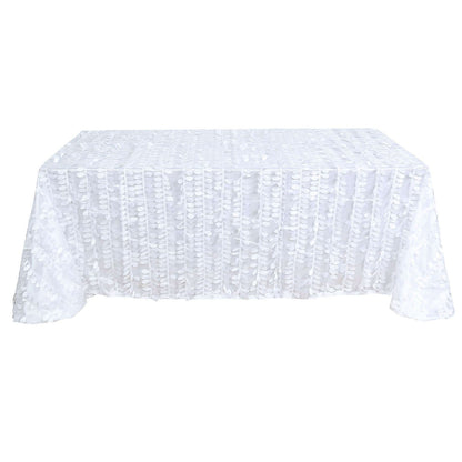 Taffeta 90"x156" Rectangle Tablecloth White | 3D Leaf Petal Design Seamless Table Cover for Stylish Wedding & Event Decor
