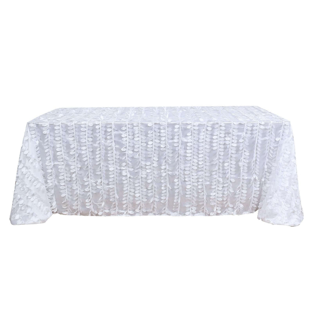 Taffeta 90"x132" Rectangle Tablecloth White | 3D Leaf Petal Design Seamless Table Cover for Stylish Wedding & Event Decor