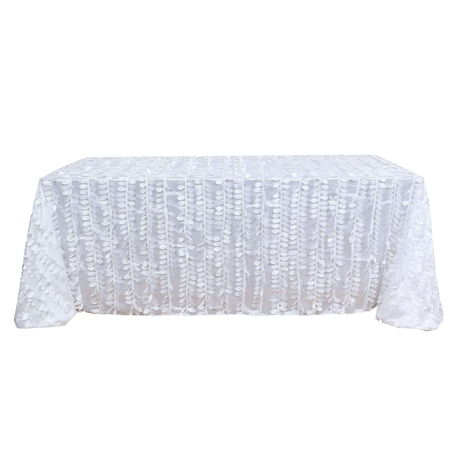 Taffeta 90"x132" Rectangle Tablecloth White | 3D Leaf Petal Design Seamless Table Cover for Stylish Wedding & Event Decor
