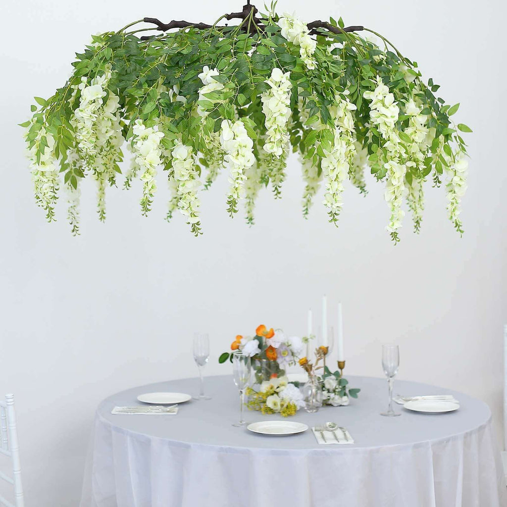 55" Cream Artificial Silk Hanging Wisteria Vine Flower Chandelier, Round Draping Garland Canopy With Interchangeable Branches