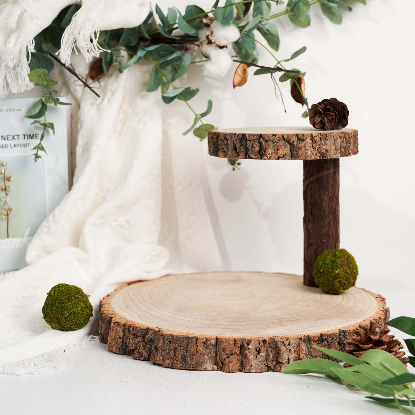 2-Tier Wooden Cheese Board Stand Elm Wood Slice Design Natural - Rustic Cupcake Centerpiece 8"