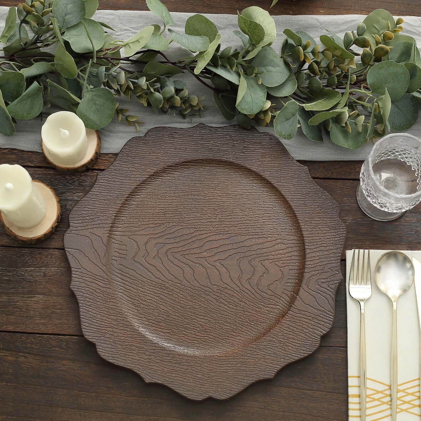 6-Pack Acrylic Round Charger Plates 13" in Rustic Brown with Wood Grain Scalloped Rim, Decorative Dinner Party Charger Tableware