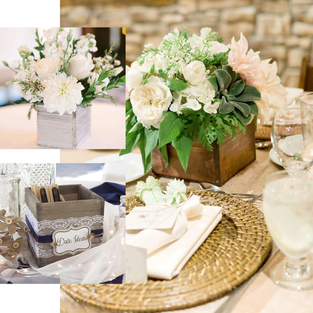 2 Pack 5" Whitewash Square Wood Planter Box Set With Removable Plastic Liners