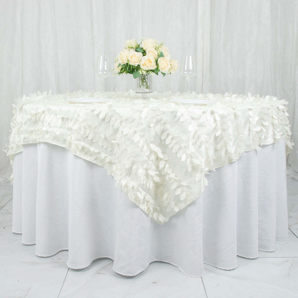Taffeta 72"x72" Table Overlay Square Tablecloth Ivory - 3D Leaf Petal Table Cover