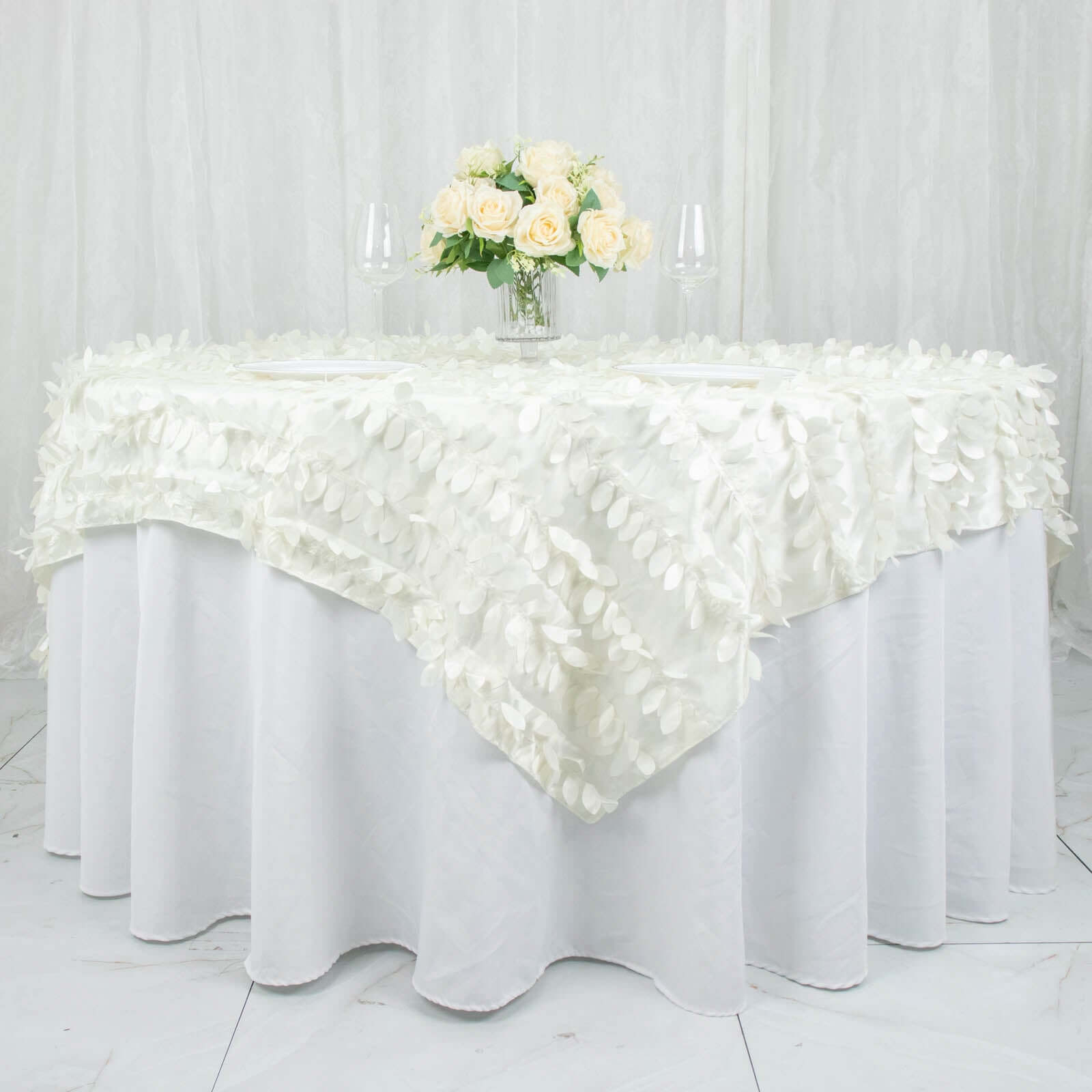 Taffeta 72"x72" Table Overlay Square Tablecloth Ivory - 3D Leaf Petal Table Cover
