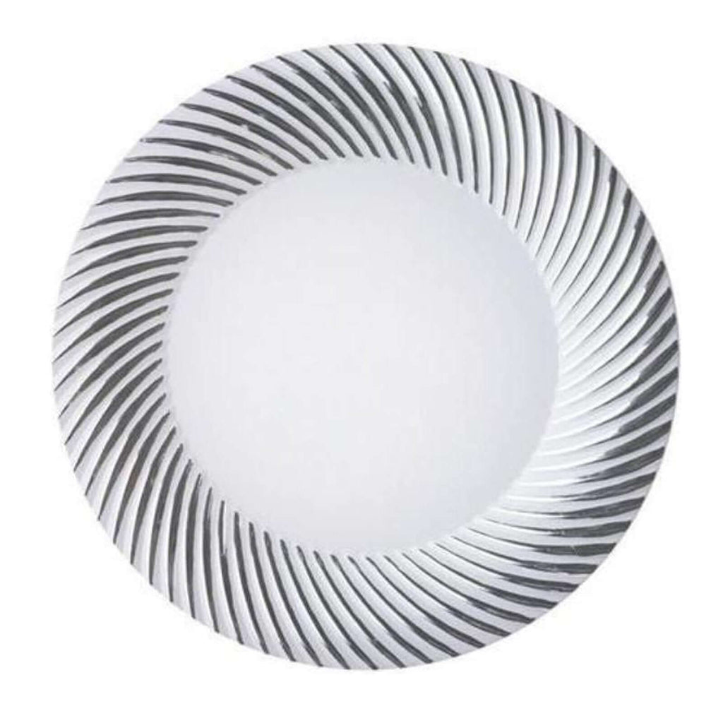 10-Pack Plastic Dessert Plates White/Silver Swirl Rim - Disposable Plates for Appetizers 6"