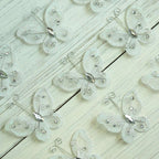 12 Pack 2" White Diamond Studded Wired Organza Butterflies