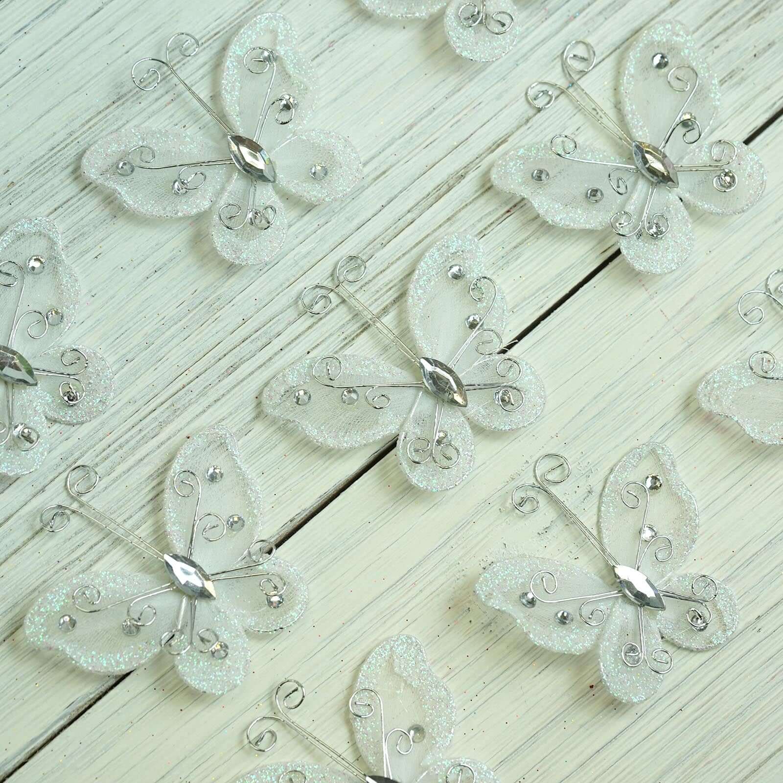 12 Pack 2" White Diamond Studded Wired Organza Butterflies