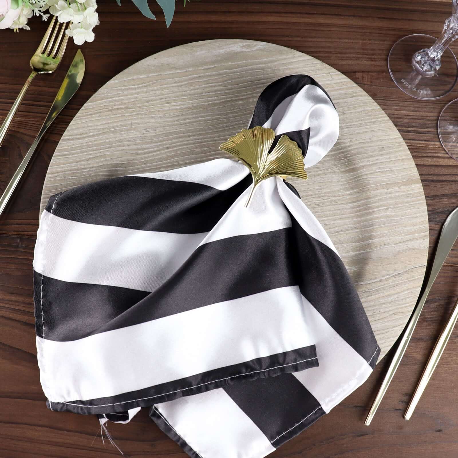 5 Pack Satin 20"x20" Napkins Black/White - Striped Reusable Dinner Napkins for Formal & Casual Dining