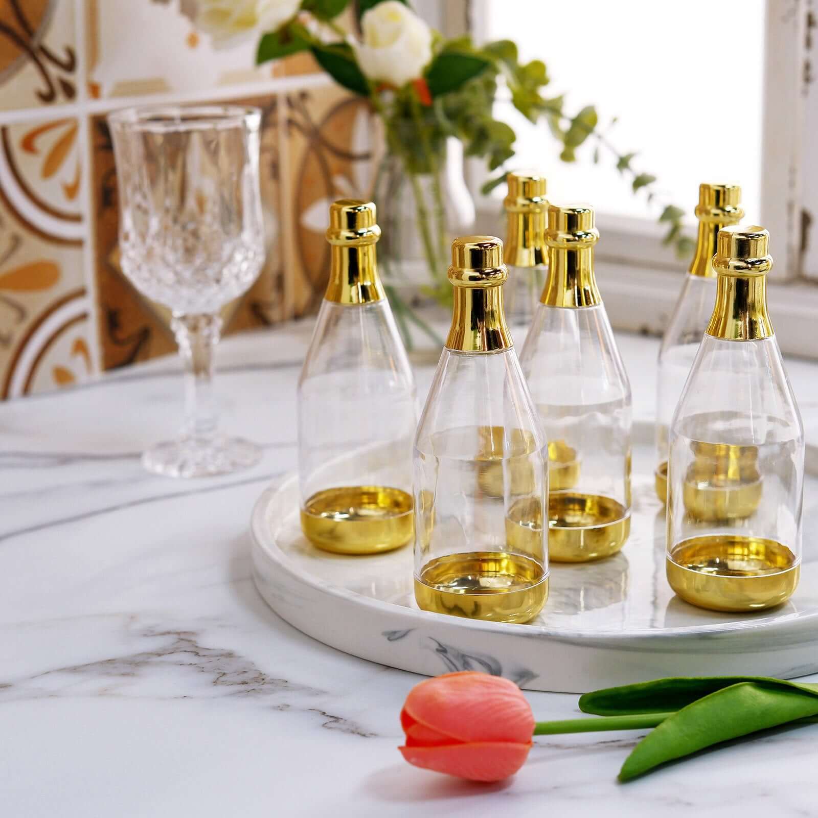 12-Pack Fillable Mini Champagne Bottle Candy Container Clear Gold - Unique Candy Treat Favor Containers 6"