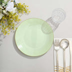 10-Pack Plastic 8" Round Dessert Plates in Sage Green with Gold Rim - Glossy Disposable Appetizer Salad Plates