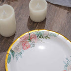 25-Pack Paper 7" Round Dessert Plates in White with Peony Floral Design & Gold Rim - Disposable Floral Salad Appetizer Plates for Brunches & Afternoon Teas