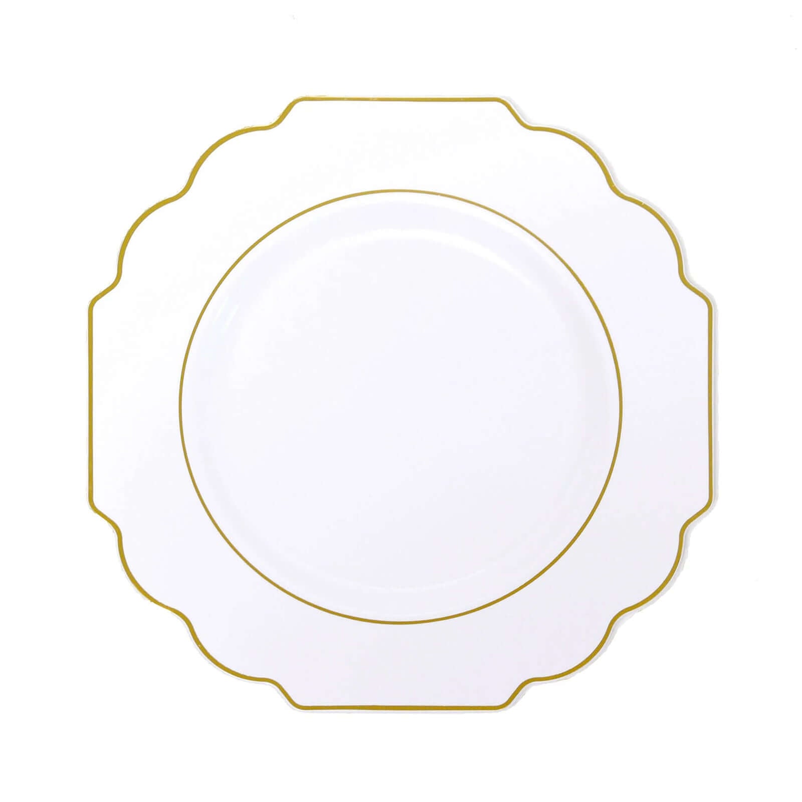 10-Pack Plastic Dinner Plates in White Baroque Design with Scalloped Gold Rim - Heavy Duty Disposable Party Plates for Events & Banquets 11"