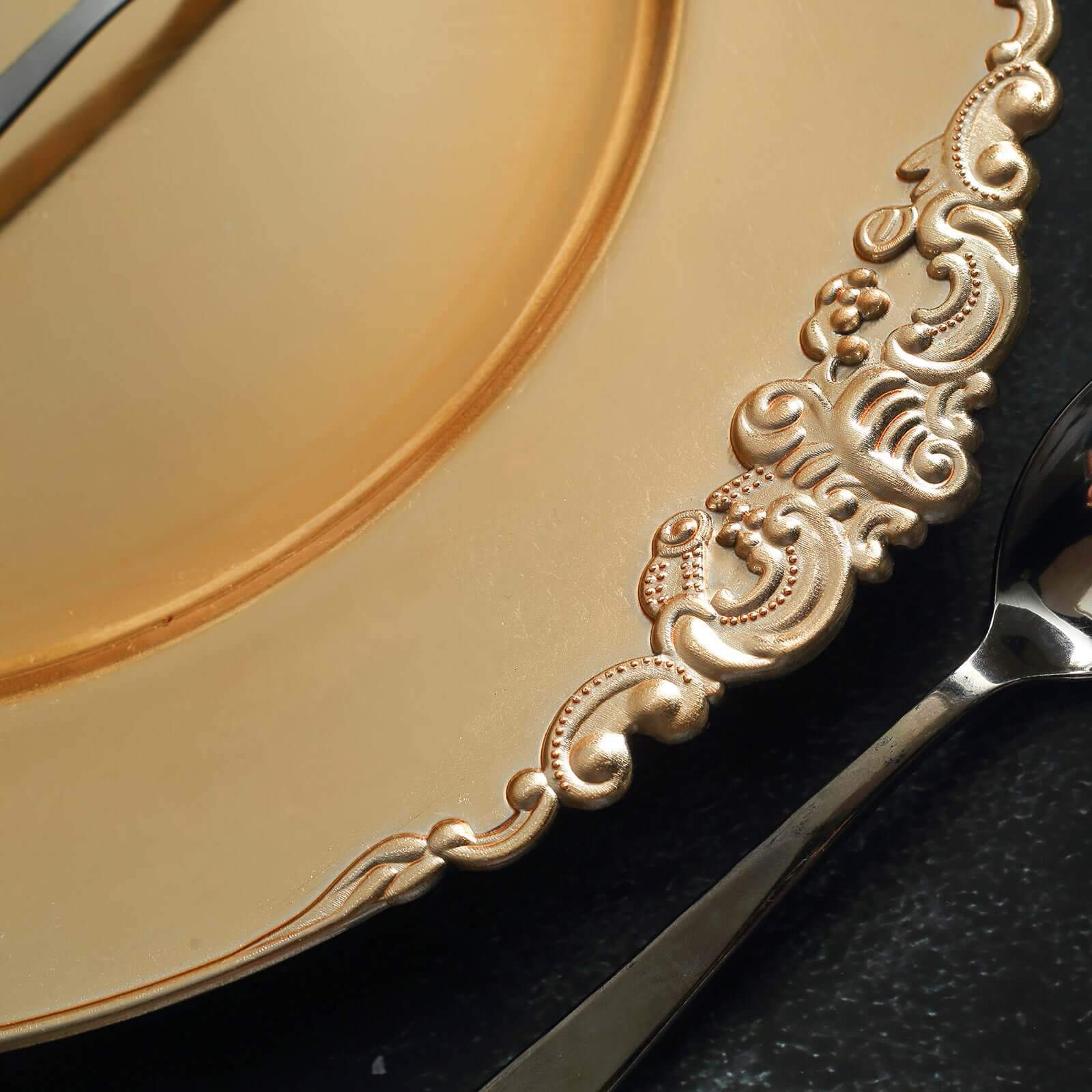 6-Pack Acrylic Round Charger Plates 13" in Gold with Embossed Baroque Rim, Antique Decorative Dinner Party Charger Tableware