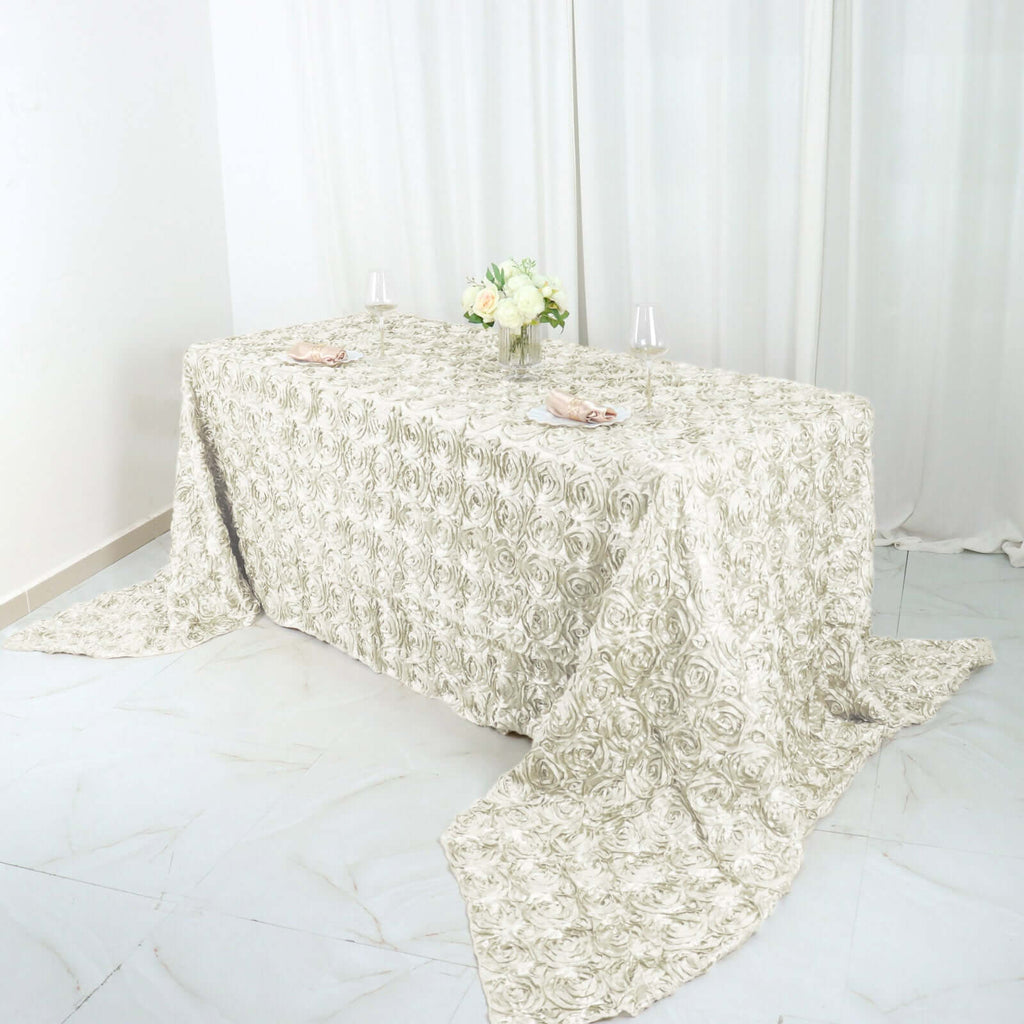 Satin 90"x156" Rectangle Tablecloth Ivory - Grandiose 3D Rosette Table Cover with Seamless Finish