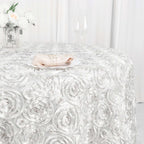 Satin 120" Round Tablecloth White - Grandiose 3D Rosette Design with Seamless Finish for Luxe Events