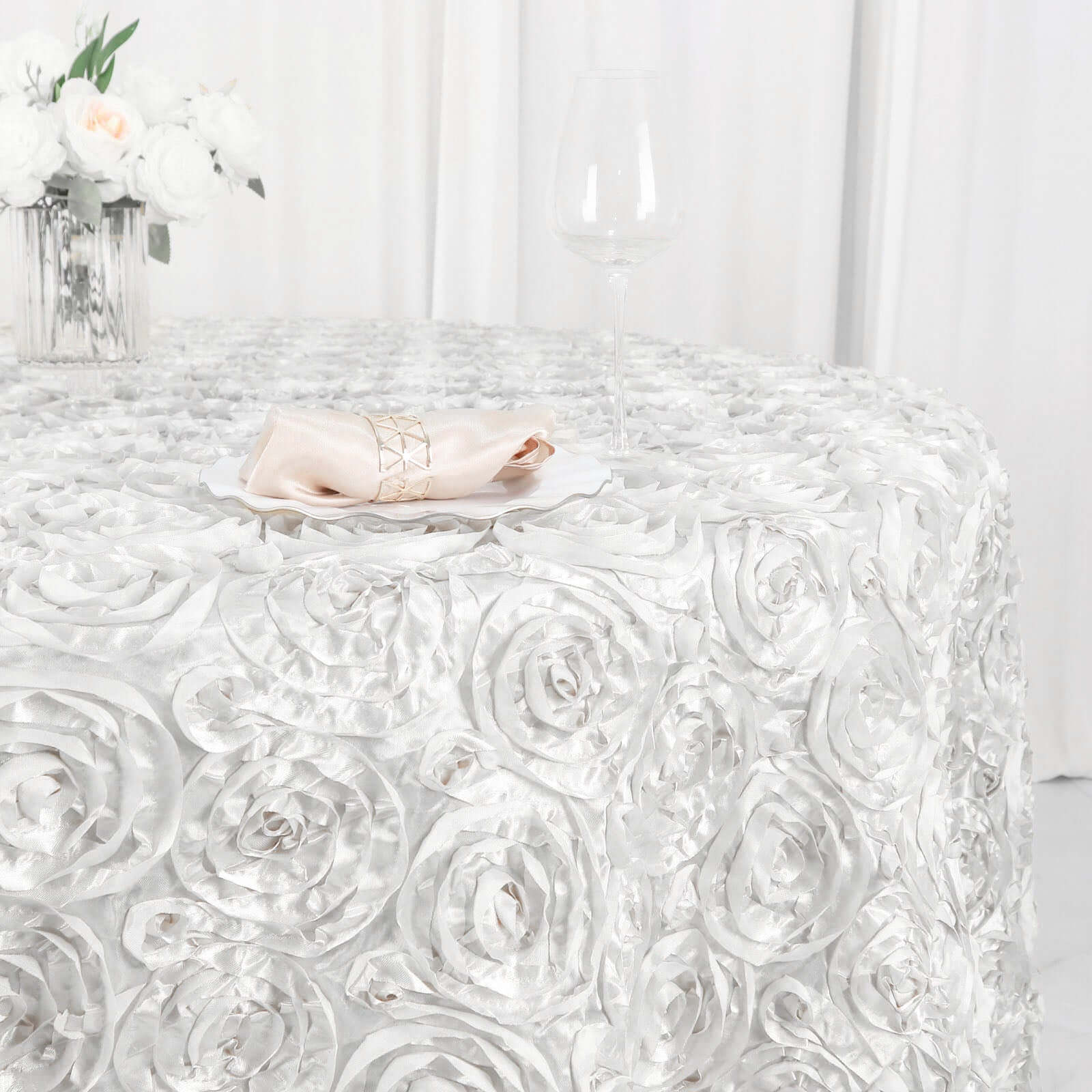 Satin 120" Round Tablecloth White - Grandiose 3D Rosette Design with Seamless Finish for Luxe Events