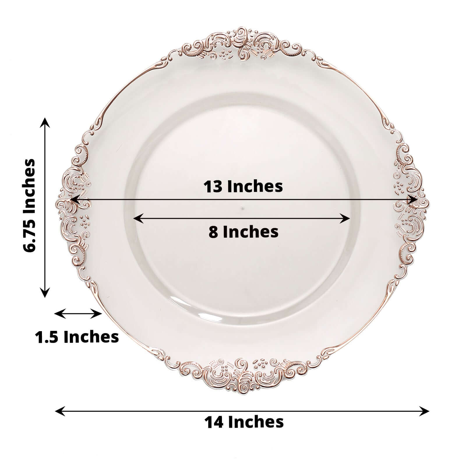 6-Pack Acrylic Round Charger Plates 13" in Clear with Rose Gold Embossed Baroque Rim, Antique Decorative Dinner Party Charger Tableware