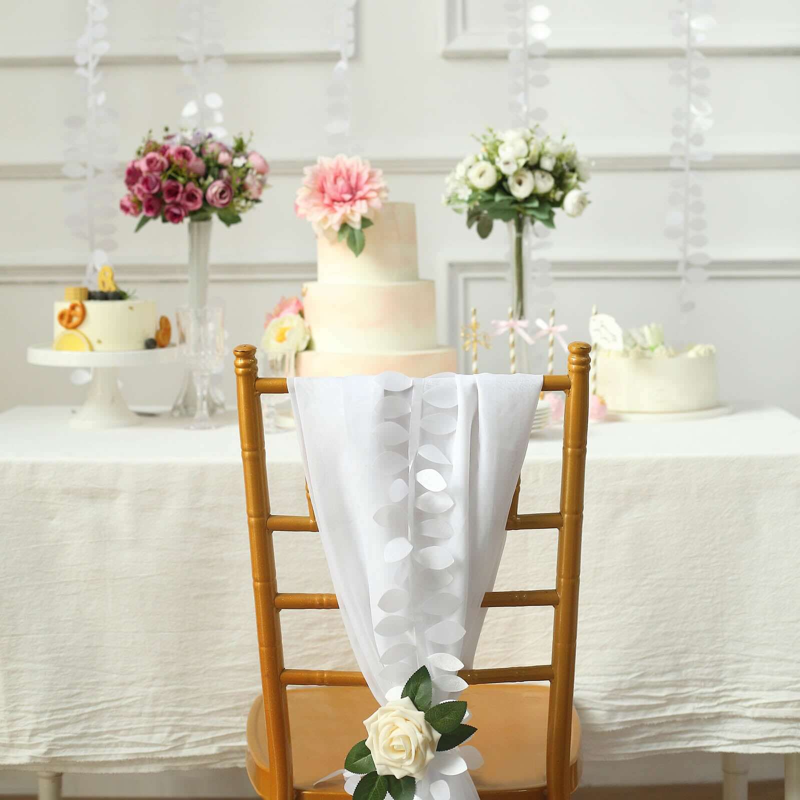 Taffeta Ribbon Sash with 4" Leaf Petal Design White 50ft - Sophisticated Artificial Fabric Garland for Events