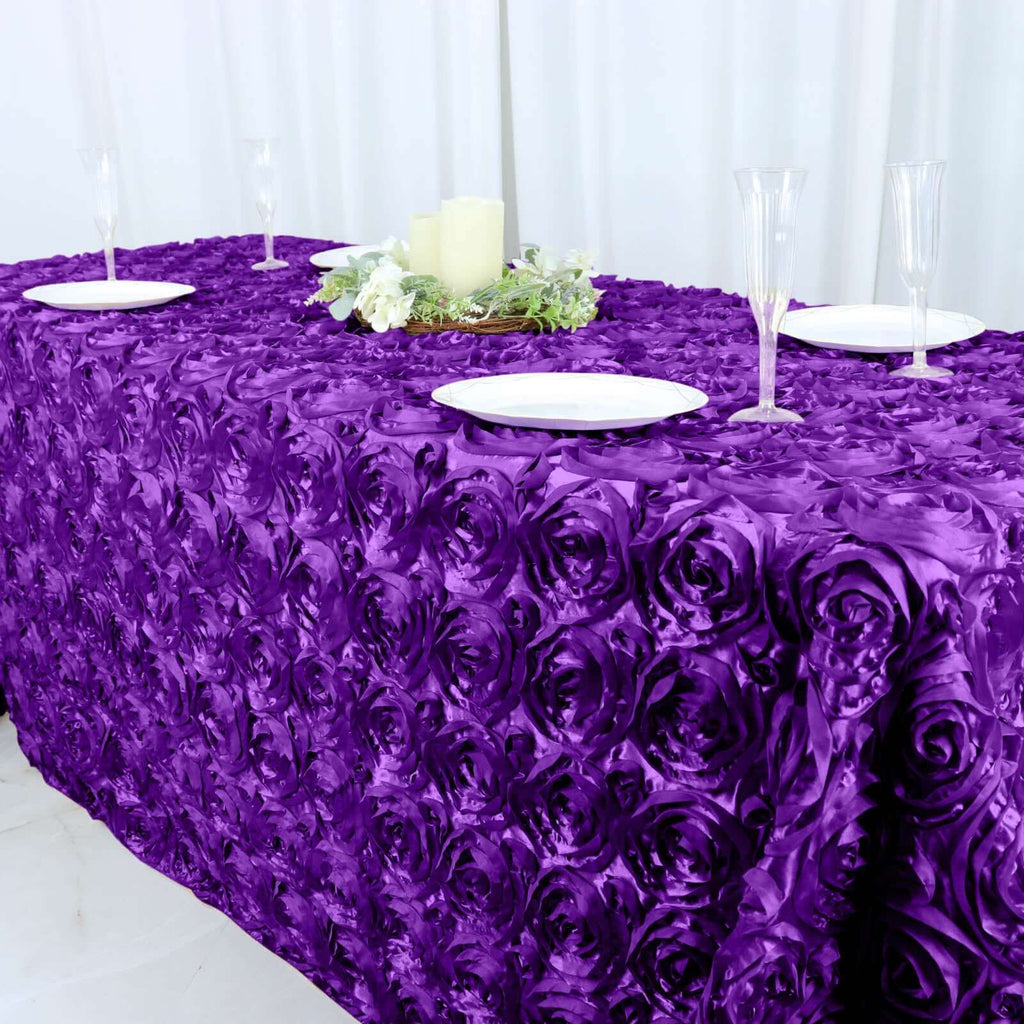 Satin 90"x132" Rectangle Tablecloth Purple - Grandiose 3D Rosette Seamless Table Cover